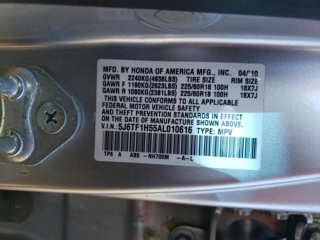 5J6TF1H55AL010616 - 2010 HONDA ACCORD CRO SILVER photo 10