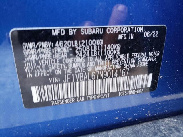 JF1VBAL67N9014167 - 2022 SUBARU WRX LIMITE BLUE photo 10