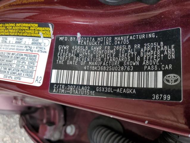 4T1BK36B25U028763 - 2005 TOYOTA AVALON MAROON photo 10