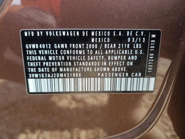 3VW1K7AJ2DM431888 - 2013 VOLKSWAGEN JETTA BASE BROWN photo 10