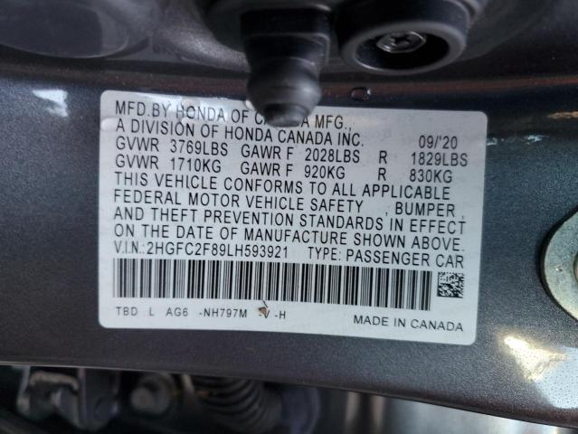 2HGFC2F89LH593921 - 2020 HONDA CIVIC SPOR GRAY photo 10