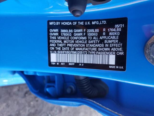 SHHFK8G76MU205172 - 2021 HONDA CIVIC TYPE BLUE photo 10