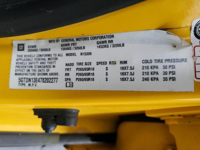 5GTDN13E478202277 - 2007 HUMMER H3 YELLOW photo 10