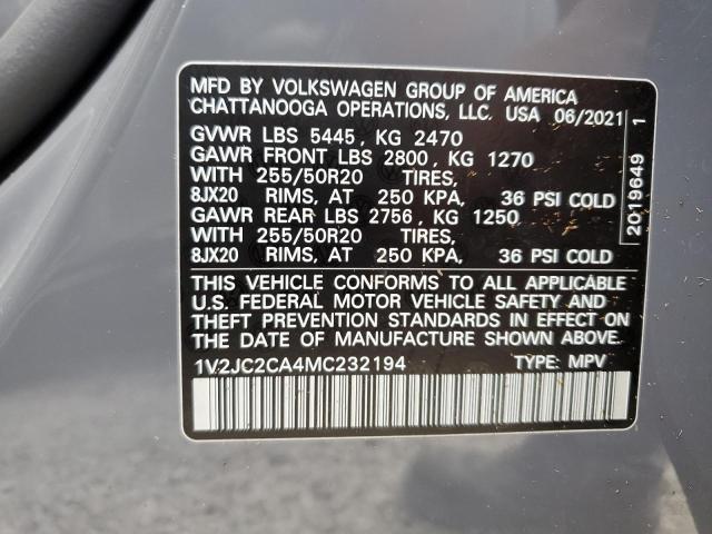 1V2JC2CA4MC232194 - 2021 VOLKSWAGEN ATLAS CROS Серый фото 10