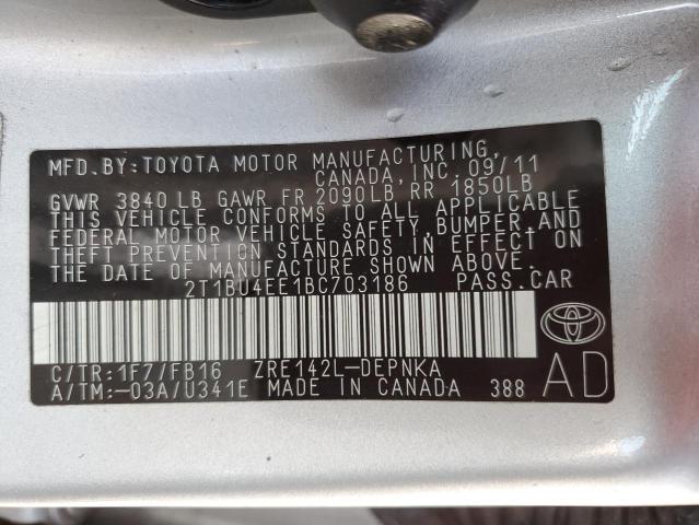 2T1BU4EE1BC703186 - 2011 TOYOTA CARROLLA SILVER photo 10