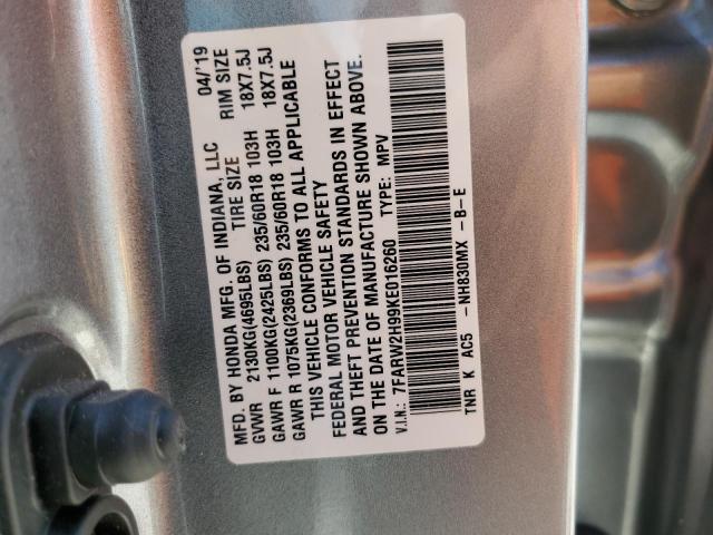 7FARW2H99KE016260 - 2019 HONDA CR-V TOURI SILVER photo 10