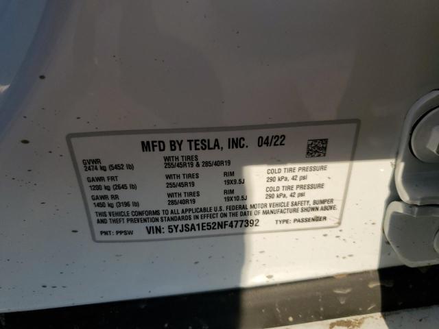 5YJSA1E52NF477392 - 2022 TESLA MODEL S Blanco foto 10