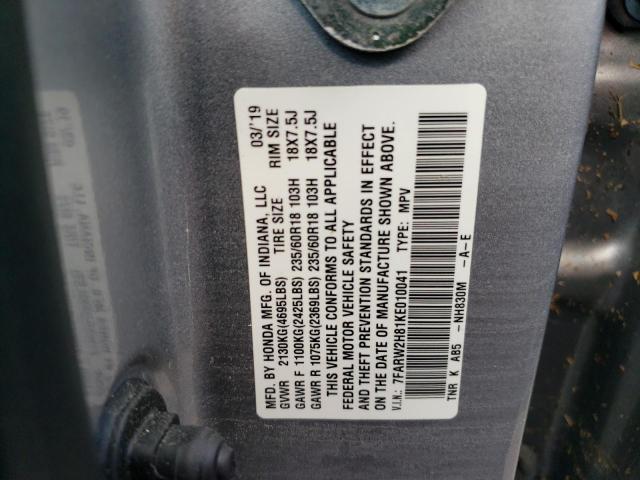 7FARW2H81KE010041 - 2019 HONDA CR-V EXL GRAY photo 10