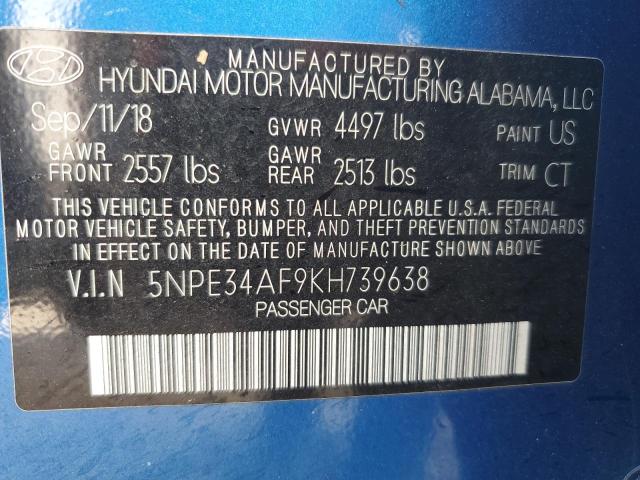 5NPE34AF9KH739638 - 2019 HYUNDAI SONATA LIM BLUE photo 10