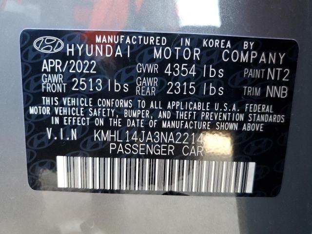 KMHL14JA3NA221498 - 2022 HYUNDAI SONATA SEL GRAY photo 10