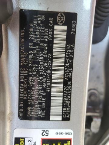 4T1B11HK1KU729178 - 2019 TOYOTA CAMRY L SILVER photo 12