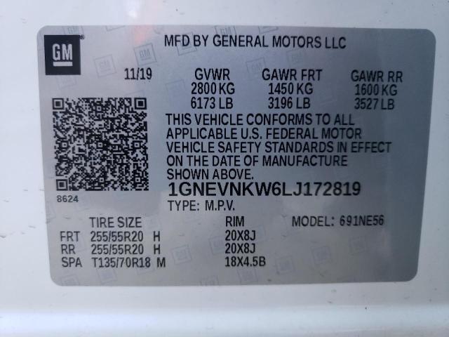 1GNEVNKW6LJ172819 - 2020 CHEVROLET TRAVERSE H WHITE photo 10