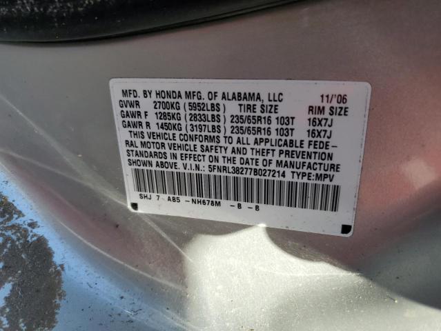 5FNRL38277B027214 - 2007 HONDA ODYSSEY LX SILVER photo 10