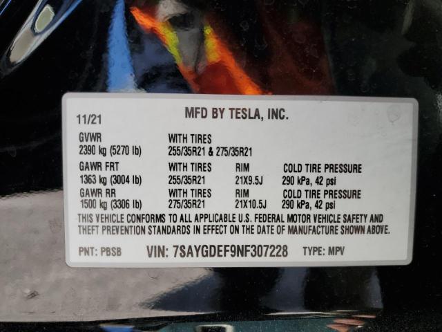 7SAYGDEF9NF307228 - 2022 TESLA MODEL Y أسود صورة 10
