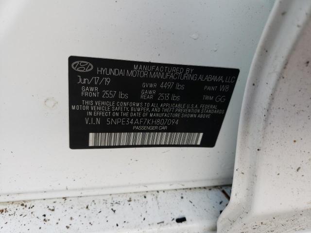 5NPE34AF7KH807094 - 2019 HYUNDAI SONATA LIM WHITE photo 10