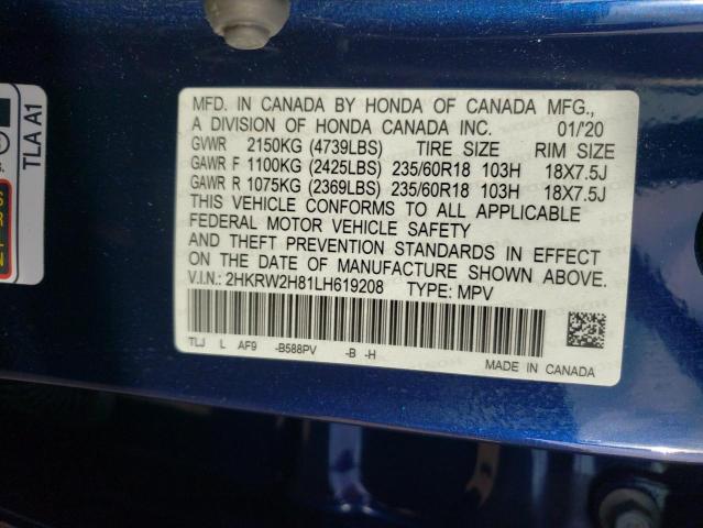 2HKRW2H81LH619208 - 2020 HONDA CR-V EXL BLUE photo 10