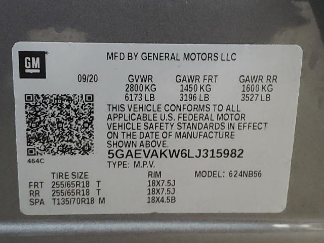 5GAEVAKW6LJ315982 - 2020 BUICK ENCLAVE ES GRAY photo 10