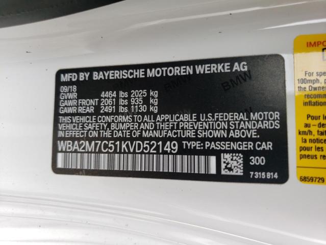 WBA2M7C51KVD52149 - 2019 BMW 230I WHITE photo 10