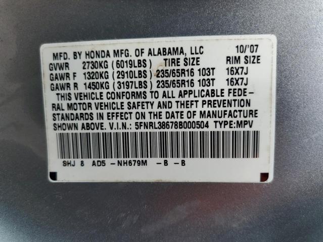 5FNRL38678B000504 - 2008 HONDA ODYSSEY EX SILVER photo 10