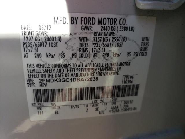 2FMDK3GC1DBA72838 - 2013 FORD EDGE SE WHITE photo 10