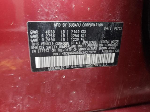 4S3BWAN66N3027929 - 2022 SUBARU LEGACY LIM MAROON photo 10