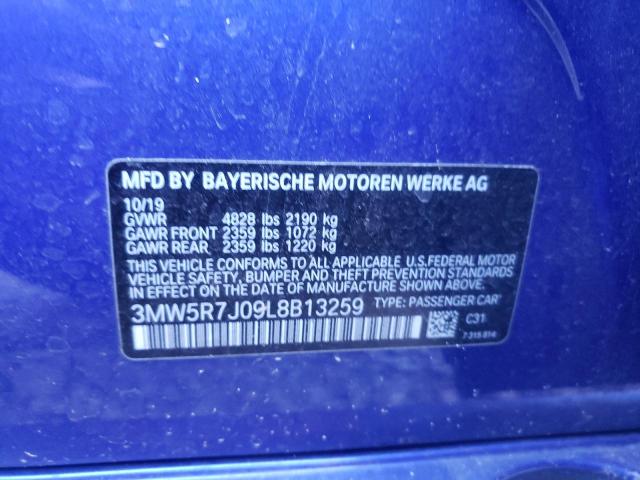 3MW5R7J09L8B13259 - 2020 BMW 330XI BLUE photo 10