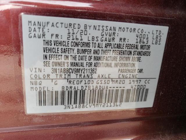 3N1AB8CV9MY211362 - 2021 NISSAN SENTRA SV MAROON photo 10