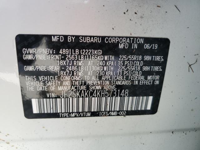 JF2SKAKC4KH573148 - 2019 SUBARU FORESTER S WHITE photo 10