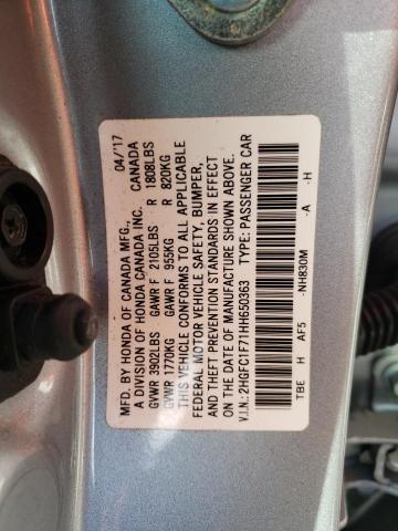 2HGFC1F71HH650363 - 2017 HONDA CIVIC EXL Srebrny zdjęcie 10