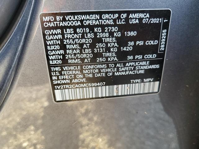 1V2TR2CA0MC599407 - 2021 VOLKSWAGEN ATLAS SEL GRAY photo 10