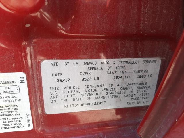 KL1TD5DE4AB132857 - 2010 CHEVROLET AVEO LS 红色 照片 10