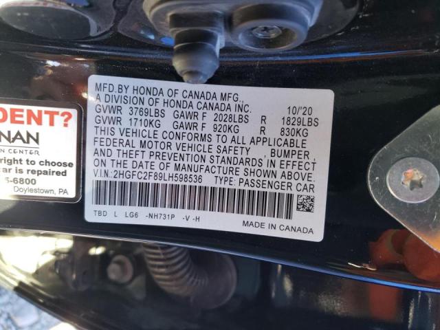 2HGFC2F89LH598536 - 2020 HONDA CIVIC SPOR BLACK photo 10