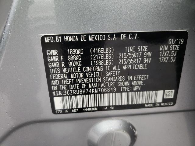 3CZRU6H74KM706849 - 2019 HONDA HR-V EXL SILVER photo 10