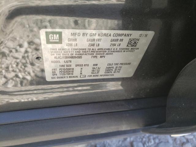 KL4CJ1SB4HB094585 - 2017 BUICK ENCORE SPO CHARCOAL photo 10