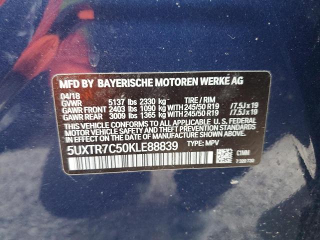 5UXTR7C50KLE88839 - 2019 BMW X3 SDRIVE3 BLUE photo 10