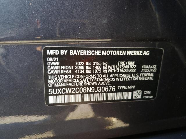 5UXCW2C08N9J30676 - 2022 BMW X7 XDRIVE4 GRAY photo 10