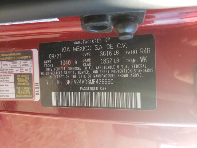 3KPA24AD3ME426690 - 2021 KIA RIO LX RED photo 10