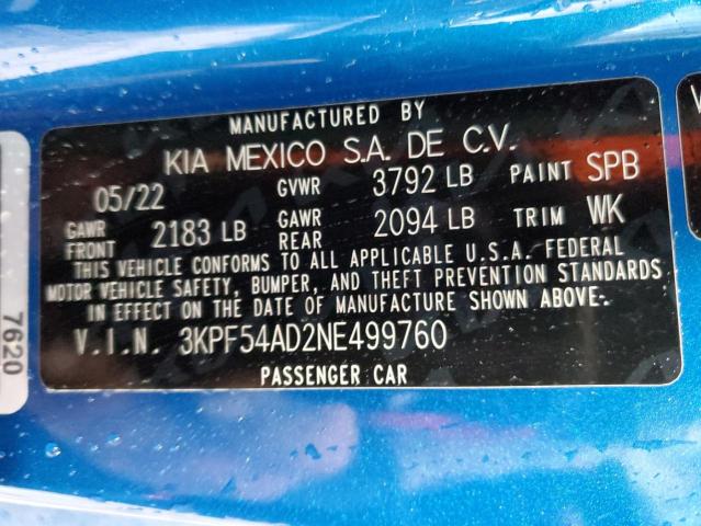 3KPF54AD2NE499760 - 2022 KIA FORTE GT L BLUE photo 10