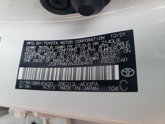 JTDFPMAE6N3006463 - 2022 TOYOTA COROLLA XL WHITE photo 10