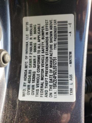 19XZE4F92LE012751 - 2020 HONDA INSIGHT TO CHARCOAL photo 10