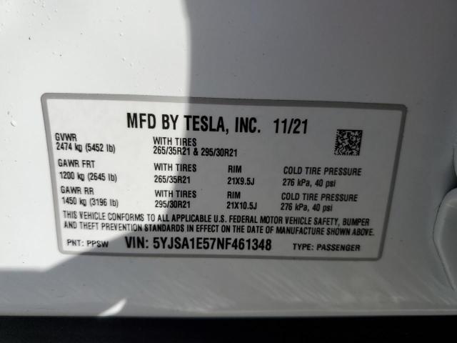 5YJSA1E57NF461348 - 2022 TESLA MODEL S Ağ foto 10