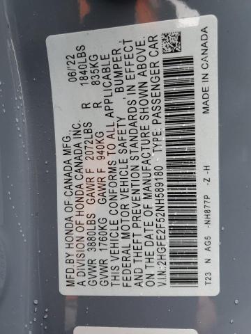 2HGFE2F52NH589180 - 2022 HONDA CIVIC SPOR 灰色 照片 10
