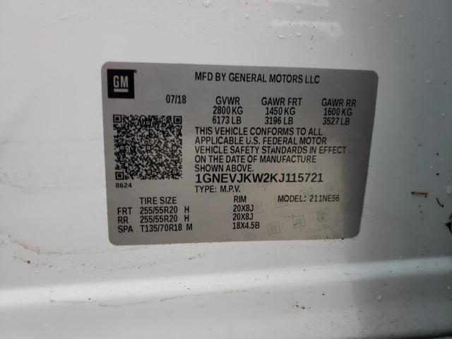 1GNEVJKW2KJ115721 - 2019 CHEVROLET TRAVERSE H WHITE photo 10