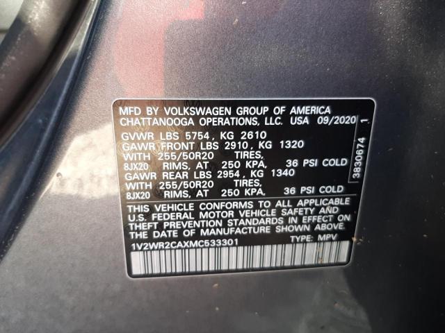 1V2WR2CAXMC533301 - 2021 VOLKSWAGEN ATLAS SE GRAY photo 10