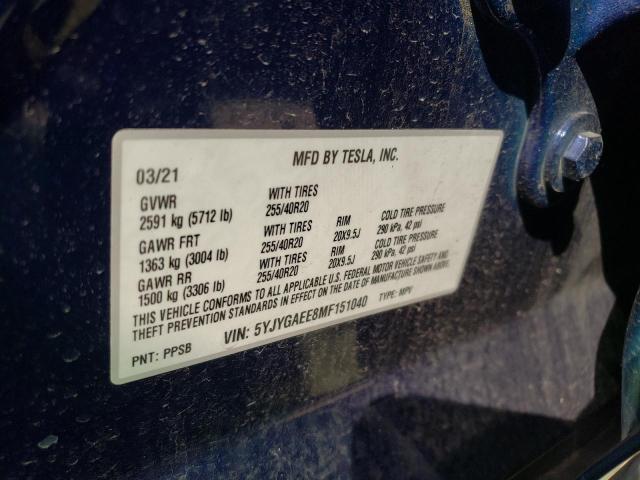 5YJYGAEE8MF151040 - 2021 TESLA MODEL Y أزرق صورة 10