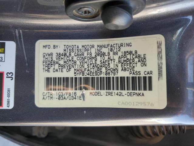 5YFBU4EE9DP108797 - 2013 TOYOTA CORROLLA GRAY photo 10