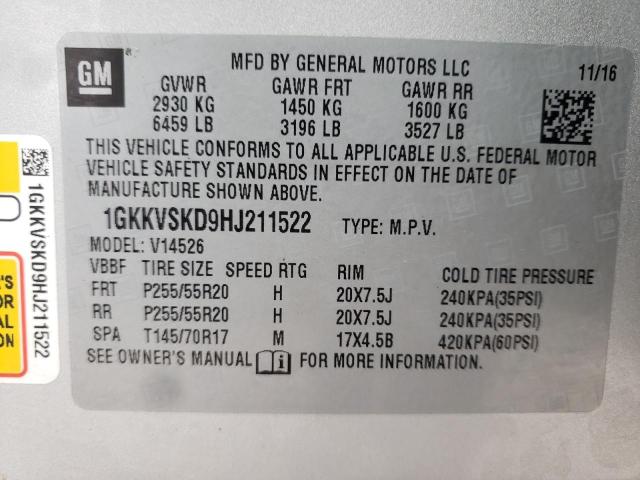 1GKKVSKD9HJ211522 - 2017 GMC ACADIA LIM SILVER photo 10