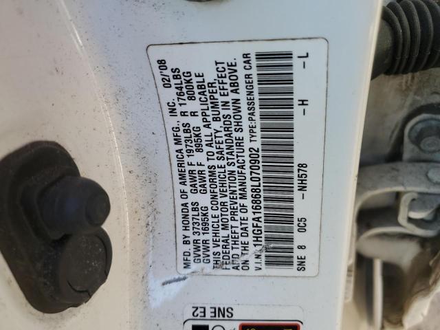 1HGFA16868L070902 - 2008 HONDA CIVIC EX WHITE photo 10