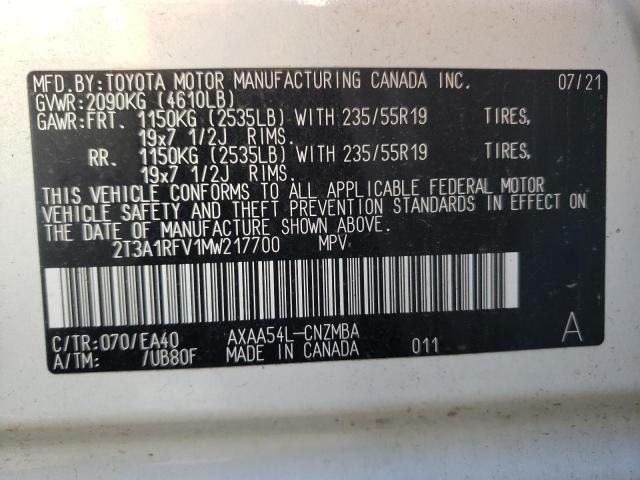 2T3A1RFV1MW217700 - 2021 TOYOTA RAV4 XLE P WHITE photo 10