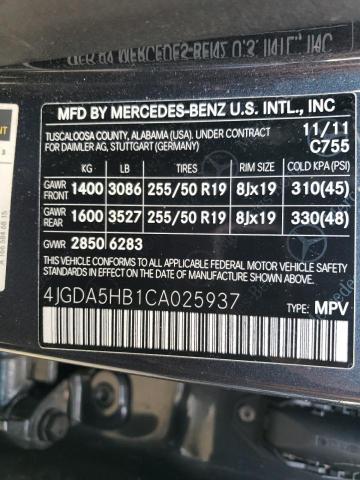 4JGDA5HB1CA025937 - 2012 MERCEDES-BENZ ML 350 4MA GRAY photo 10